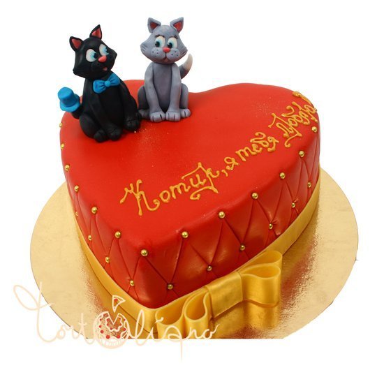 Праздничный торт в виде сердца с котиками №970