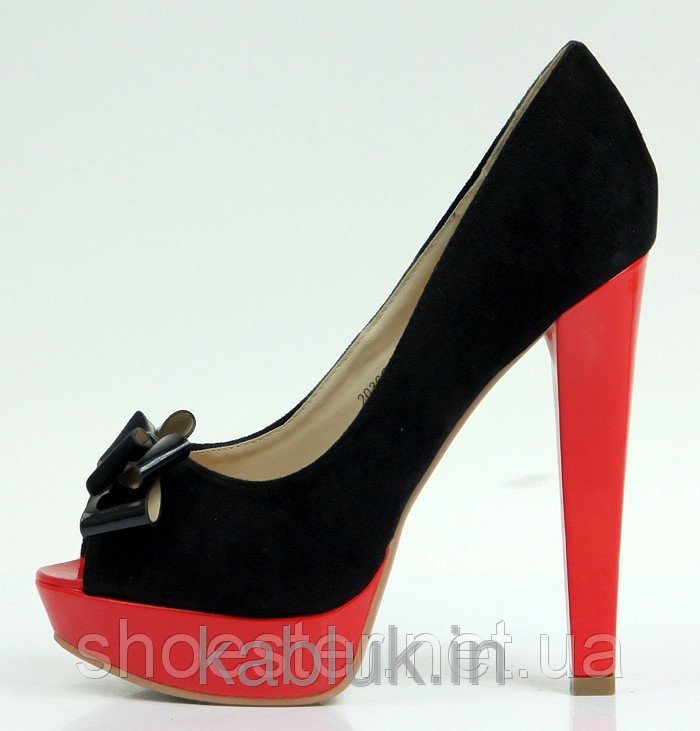 Туфли черные женские с открытим носком и красной подошвой rb106-Black_Red