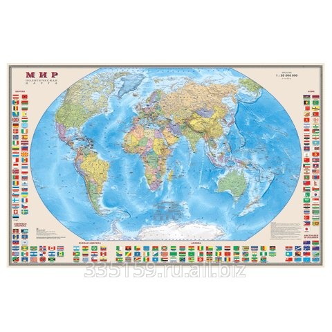 Карта настенная Мир. Политическая карта с флагами, М-1:30 млн., размер 122х79 см, ламинированная
