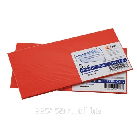 Конверты С65, комплект 5 шт., отрывная полоса Strip, красные, упаковка с европодвесом, 114х229 мм