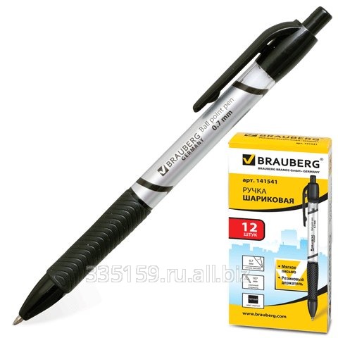Ручка шариковая Brauberg (Брауберг) автоматическая RBP036b, серебристая печать, 0,7 мм, резиновый держатель, черная