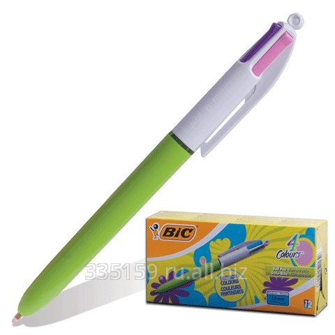 Ручка шариковая BIC автоматическая 4 Colours, 4 цвета, корпус салатовый, цвета чернил - голубой, фиолетовый, розовый, салатовый