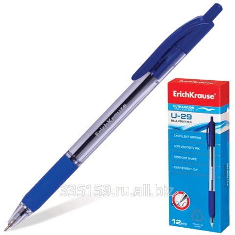 Ручка шариковая Erich Krause автоматическая Ultra Glide U-29, масляная основа, корпус прозрачный, толщина письма 0,6 мм, синяя