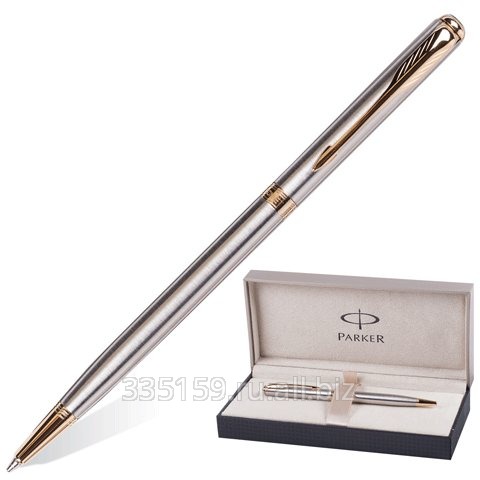 Ручка шариковая Parker Sonnet Stainless Steel Slim GT, корпус нержавеющая сталь, позолоченные детали