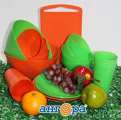 Пластиковая посуда и кухонные принадлежности. Салатник 0,6л, 2,5л стаканы 0,4л, тарелки, доски разделочные, зеленый, оранжевый (Ангора)