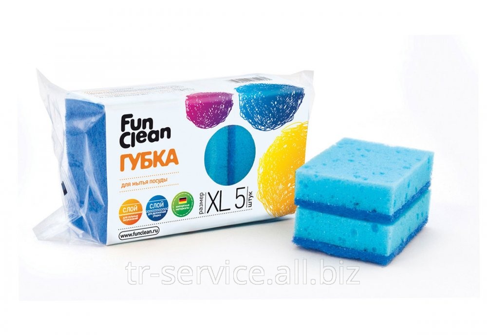 Губка для мытья посуды Fun Clean, в ассортименте - 5 шт/уп, 40 уп/кор