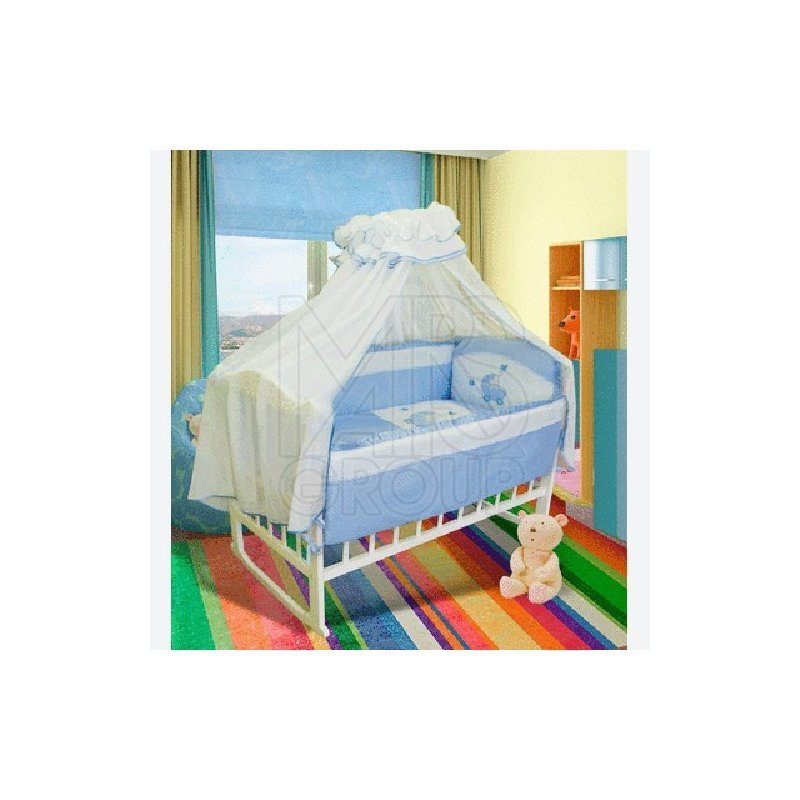 Комплект в кровать ЛАПОЧКА В КОЛЯСОЧКЕ-2 7пр.голуб (борт,подод,прост на рез,нав, одеяло,подушк,бал)