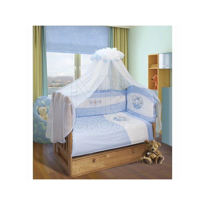 Комплект в кровать ОВЕЧКА 7пр.голуб горошки (борт.подод.прост на рез.нав.одеяло.подушк.балд)сатин 20