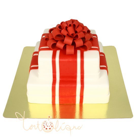 Праздничный торт квадратный с красной лентой №866