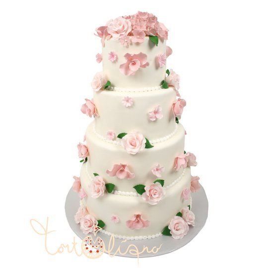 Свадебный торт усыпанный розовыми цветами №680