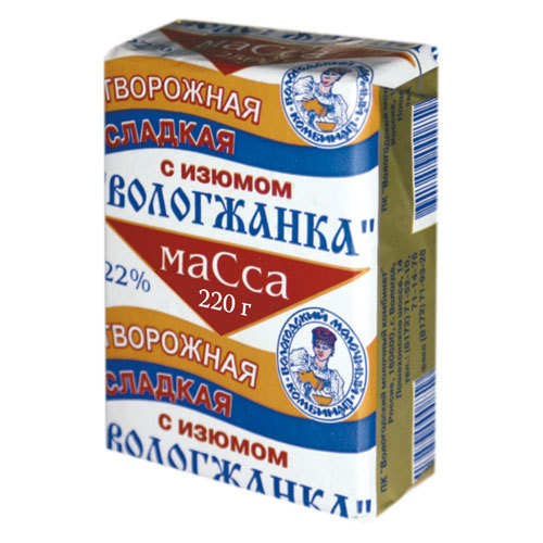 Масса творожная сладкая с изюмом Вологжанка в фольге