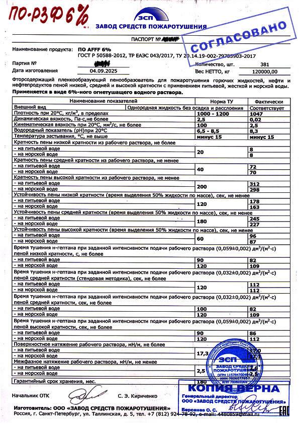 Пенообразователь ПО-РЗФ купить тип AFFF