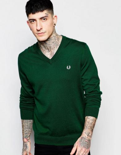 Джемпер Fred Perry, V образная горловина, цвет зеленый