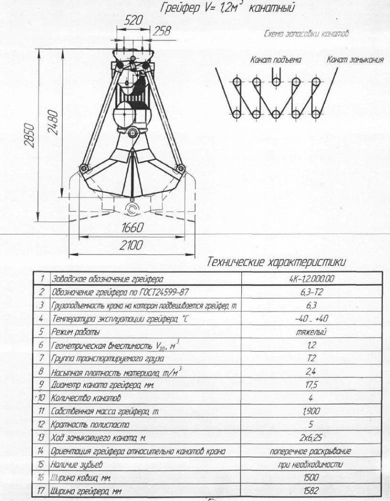 Грейфер V- 1,2 куб.м. канатный (ширина ковша 1500)