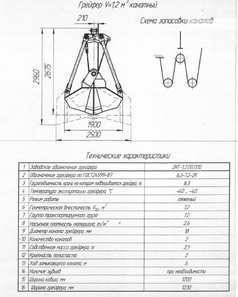 Грейфер V- 1,2 куб.м. канатный (ширина ковша 1200).