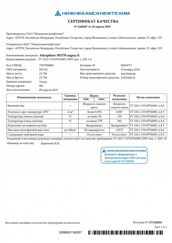 Абсорбент 50/370 марки Б - Нижнекамскнефтехим