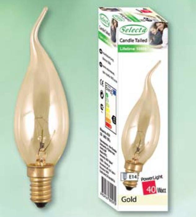 Лампа Накаливания свеча на ветру золотая Selecta Candle tailed C35 Gold 60W