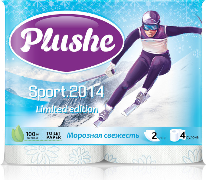 Двуслойная туалетная бумага «Лыжный спорт» с цветным тиснением, 4 ролика по 18 метров