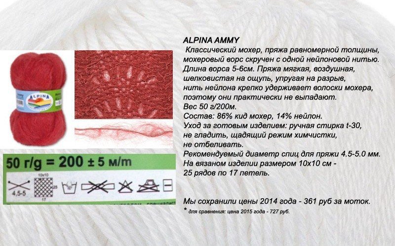 Пряжа ALPINA AMMY (Австрия) 86%кидмохер/14%нейлон 50гр_200м цвет: в ассортименте