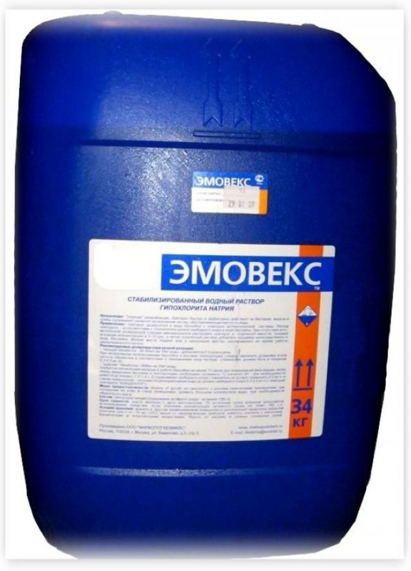 ЭМОВЕКС жидкий хлор 30л стабилизированный водный раствор гипохлорита натрия.