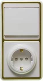 Блок комбинированный  (1-клавишный выключатель + розетка  с заземляющим контактом и защитными шторками) с ободком под «золото» БКВР-034 «З»
