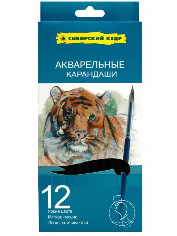 Набор цветных акварельных карандашей Тигр 12 цветов