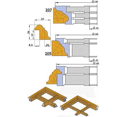 Комплект фрез для изготовления дверной раскладки, дверных, стеновых и потолочных переплетов № 205, 207