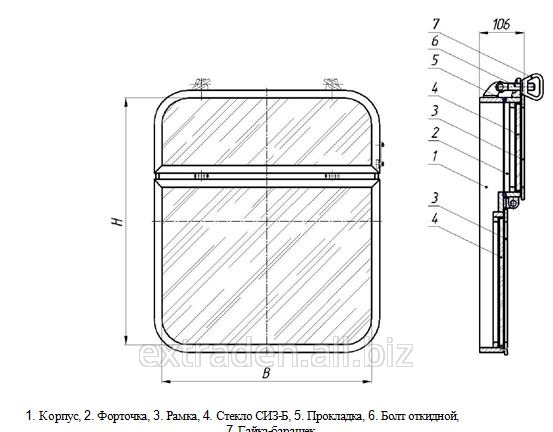 Иллюминатор прямоугольный с форточкой из алюминиевого сплава Тип E - тяжелый