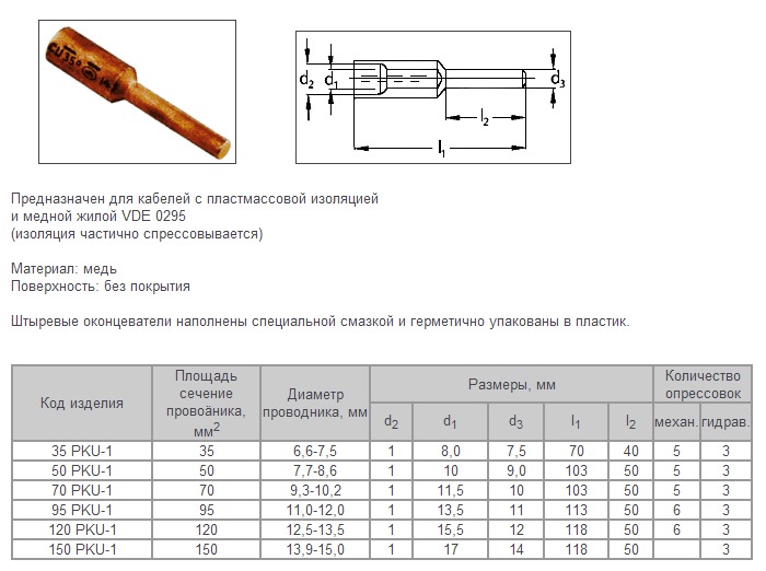 Медные опрессуемые штыревые оконцеватели