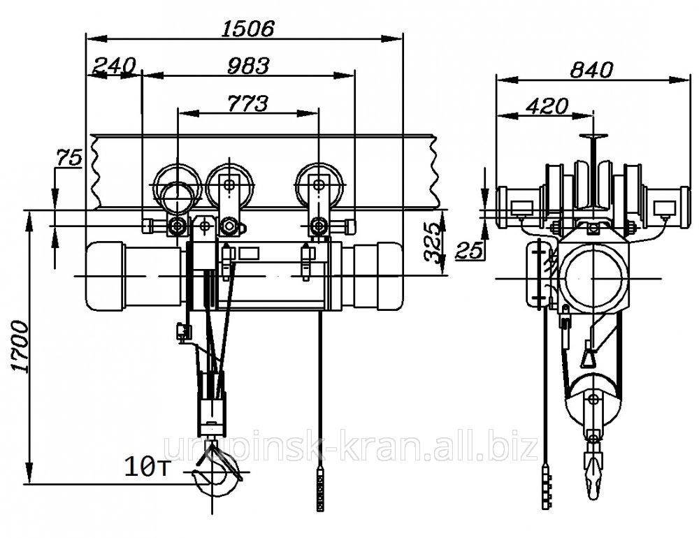 Таль электрическая канатная г\п 10 тонн, высота подъема 6 метров общепромышленного исполнения ТЭ-1000-5110-1ПО