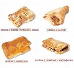 Слойка с печенью и картофелем, Слойка с повидлом, Слойка с рисом, грибами, яйцом,Слойка с рыбой
