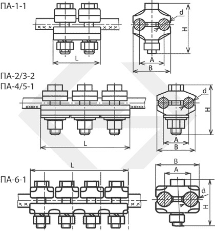Зажимы соединительные плашечные типа ПА